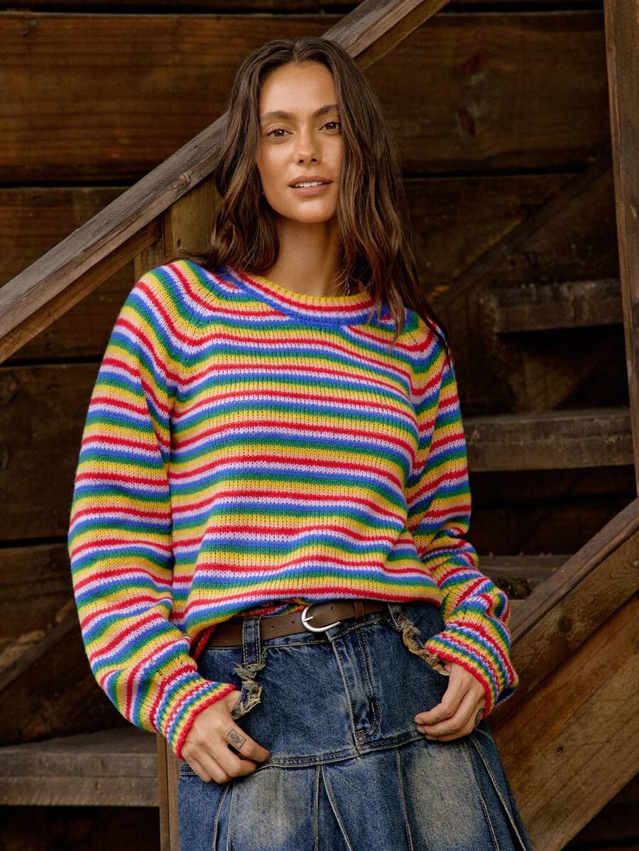 LanaWest 女士度假休闲乡村条纹插肩袖毛衣 - 彩色 - 查看 1