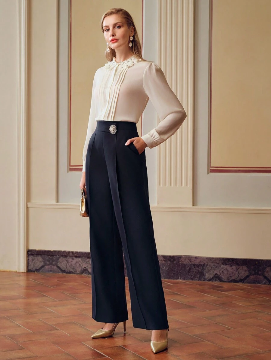 ZEYLAH FAUX PEARL AND RHINESTONE DETAIL SEAM FRONT WIDE LEG SUIT PANTS