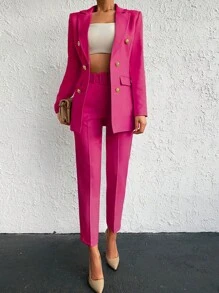 Cottnline Solid Double Breasted Blazer & Slant Pocket Trousers - Hot Pink - View 3