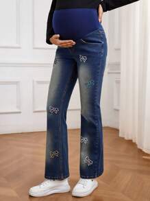 SHEIN Maternity Bow Tie Dye Patchwork Vintage Flared Jeans - Dark Wash - View 7