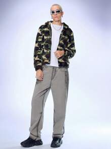 Manfinity VCAY Men's Knit Camo Thermal Lined Raglan Shoulder Hooded Jacket, Suitable For Autumn And Winter - Multicolor - View 5