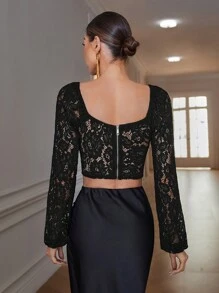 Aveloria Modichic Áo ren mỏng cổ chữ V tay dài gợi cảm tối giản cho bữa tiệc - màu đen - Xem 2