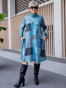 EMERY ROSE Plus Size Fashion Granny Fall Clothes Curve Thanksgiving Women Outfit Women Autumn High Collar Long Sleeve Patchwork Printed Pocket Casual Dress
