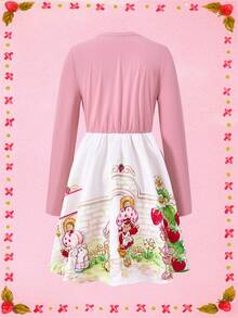 Strawberry Shortcake X SHEIN Váy dài tay in họa tiết dâu tây và hoa cho bé gái tuổi mới lớn nơ trang trí dễ thương - Màu Hồng baby - Xem 2