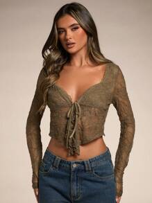 SHEIN BAE Blusa con tirantes finos, escote de encaje con volantes y bajo asimétrico, en color gris verdoso sólido, ideal para citas, fiestas de cócteles, regreso a clases, conciertos, fiestas de música electrónica, salidas de moda, ropa sexy de mujer, ropa hippie, blusas de mujer de manga larga con encaje - Verde - Ver 6