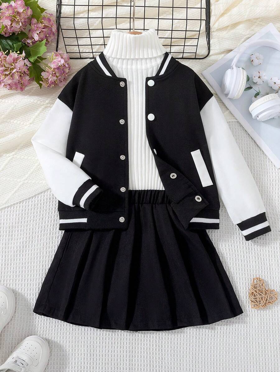 SHEIN New Fashion Autumn/Spring 4-7 Years Old Girls Young Girl Casual Preppy 2pcs Outfit, Black Knitted Ribbed Long Sleeve Jacket With Racecar Girl Graphic Print Back, Colorblock Cardigan And Black Pleated Skirt