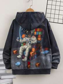Fantacosmos Tween Boy Astronaut & Moon Print Casual Pullover Sweatshirt, Suitable For Spring & Autumn - Navy Blue - View 2