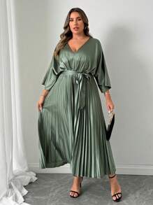 SHEIN Unity Đầm Maxi Tay Cánh Dơi Cổ Chữ V Trơn Có Viền Xếp Ly Sang Trọng Cho Nữ Size Lớn - Màu xanh Ô liu - Xem 4