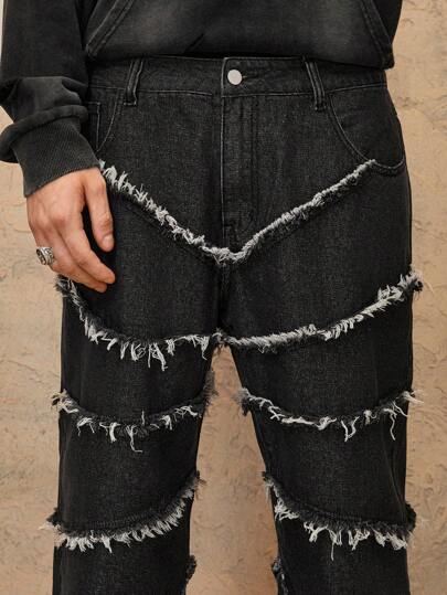 Grunge Punk Jeans casual coupe droite ample avec poches effilochées pour hommes