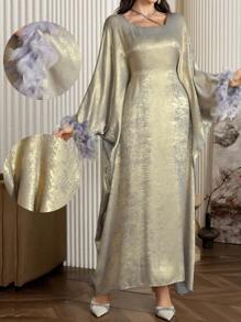 Al Najma 女士优雅羽毛喇叭袖阿拉伯连衣裙朴素长袖长袍，春秋季，派对 A 字形礼服，适合晚会/婚礼嘉宾/周年纪念 - 灰色 - 查看 1