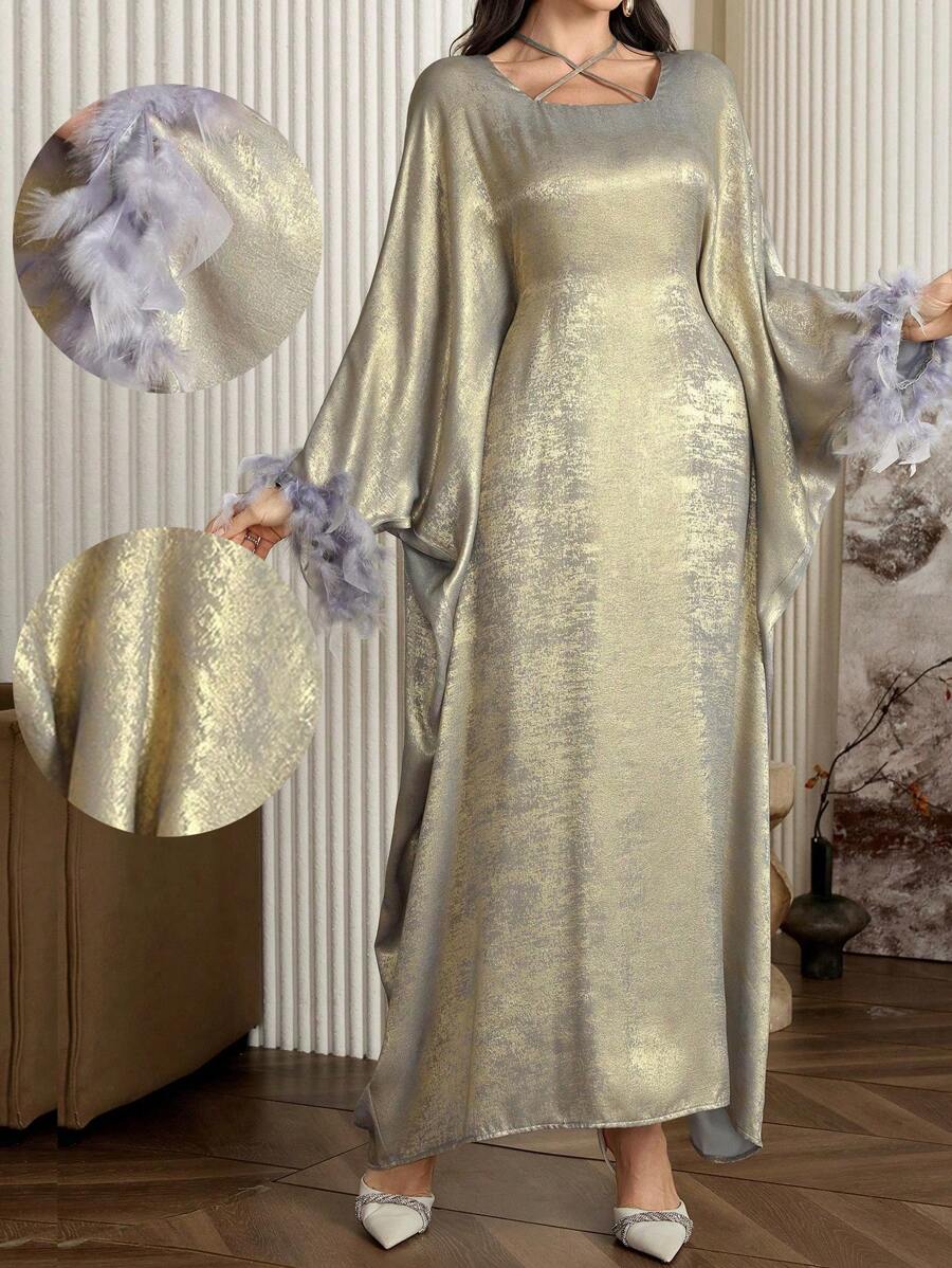 Al Najma 女士优雅羽毛喇叭袖阿拉伯连衣裙朴素长袖长袍，春秋季，派对 A 字形礼服，适合晚会/婚礼嘉宾/周年纪念 - 灰色 - 查看 1