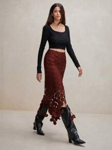 Anewsta Laser Cut Multi Circle Double Layered Skirt For New Year - Red - View 7