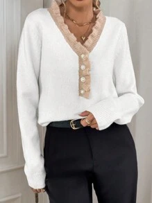 SHEIN LUNE Jersey de cuello en V de manga larga con volantes de contraste para mujer, suéter de punto para otoño e invierno - Blanco - Ver 1