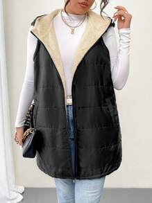SHEIN LUNE Chaleco con capucha con cremallera y forrado cálido de talla grande con bolsillos en diagonal, ropa de otoño/invierno