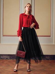 ZEYLAH MESH CHAIN WAIST FLARE SKIRT - Black - View 6