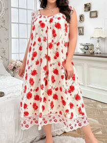 CottageSlumber Plus Size Elegant Red Lip & Floral Print Contrast Lace Summer Nightgown - Apricot - View 6