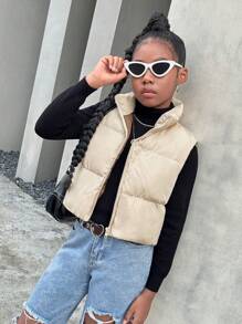 SHEIN Tween Girls Casual Stand Collar Sleeveless Padded Vest Jacket, Autumn Winter - Apricot - View 3
