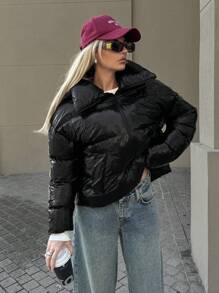 SHEIN Cottnline SHINY FABRIC BLACK PUFFER WOMEN WINTER COAT - Black - View 7