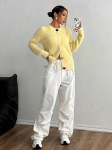 Flirla Women's Casual Colorful Heart Button Front Cardigan, Fall/Winter,Long Sleeve Tops - Yellow - View 3