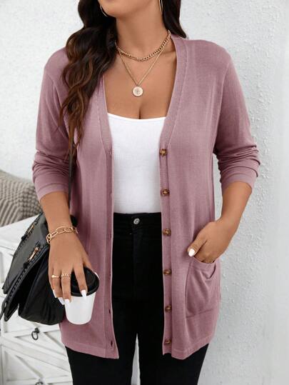 SHEIN LUNE Plus Size Solid Dual Pocket Button Front Thermal Cardigan, Fall Winter Cardigan For Women Burgundy Holiday