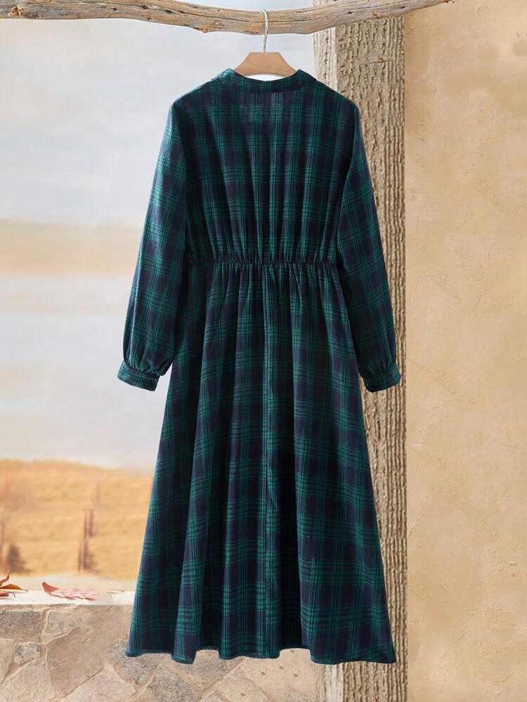 Plus Size Women Plaid Long Sleeve Button Down Leisure Shirt Dress For Fall,  Women Clothes,Spring/Summer/Vacation