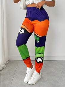 SHEIN LUNE Quần ống rộng cạp chun họa tiết hoạt hình nhiều màu sắc thường ngày cho nữ - Nhiều màu - Xem 5