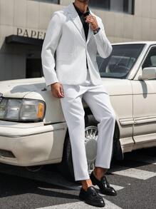 Manfinity Mode Ensemble costume formel d'affaires pour hommes avec col cranté texturé (veste de blazer et pantalon) - Blanc - Voir 3