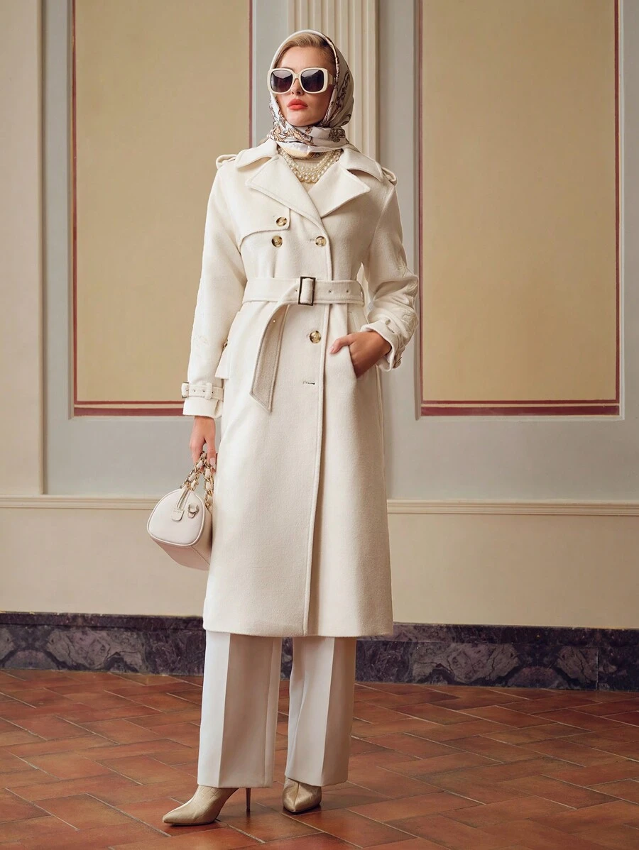 ZEYLAH LAPEL COLLAR BUCKLE BELTED DOUBLE BREASTED PLACKET OVERCOAT