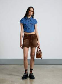 AiiRZ Denim Short Sleeve Collared Button Down Crop Shirt - Blue - View 4