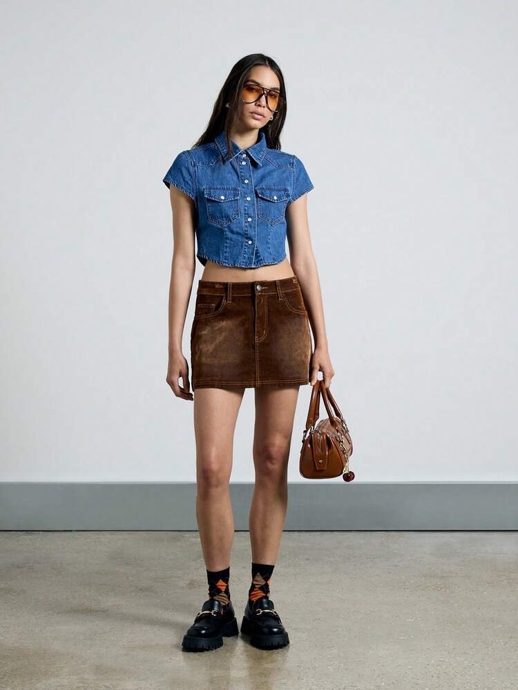 Denim Short Sleeve Collared Button Down Crop Shirt