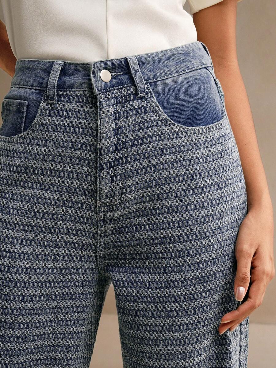 Anewsta Women's Casual Pocketed Jacquard Wide Leg Relaxed Fit Denim Pants - Blue - View 1
