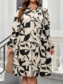 EMERY ROSE 大码女式优雅几何印花灯笼袖连衣裙，秋季 - 黑色 - 查看 3