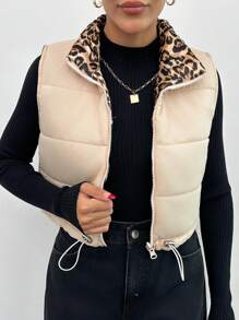 SHEIN PETITE Women Leopard Lined Crop Winter Vest Coat - Beige - View 4