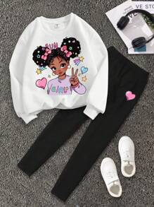 SHEIN Leap Crew 少女休闲可爱卡通印花白色长袖套头卫衣和黑色打底裤两件套，适合秋冬季穿着 - 彩色 - 查看 2
