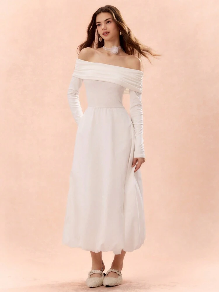 Women's Needle-Woven Spliced ​​One-Shoulder Long-Sleeved Simple Waist-Cinching Bubble A-Hem Long Casual Dress,Fall Women Clothes,Winter Women Clothes,