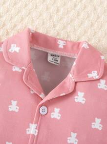 Baby Girl 3pcs/Set Simple Teddy Bear Print Top, Pants And Long Hooded Robe Pajama Set, Winter Clothes