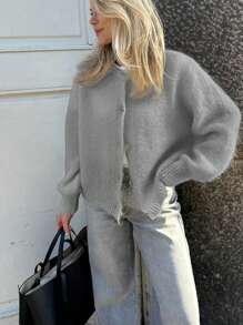 Siren Gaze Suéter de cárdigan casual con mangas largas y hombros caídos de unicolor y esponjoso para mujer, para otoño e invierno, tops de manga larga