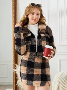 SHEIN 少女 2 件套格子印花单肩泰迪熊双面天鹅绒/夹克和裙子 - 彩色 - 查看 5