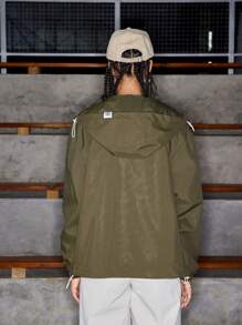 SHEIN Sports Women's Solid Color Long Sleeve Drawstring Hooded Loose Casual Sports Jacket - Army Green - View 7