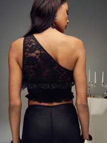 SHEIN Unity 黑色蕾丝短款单肩系腰衬衫 - 黑色 - 查看 2