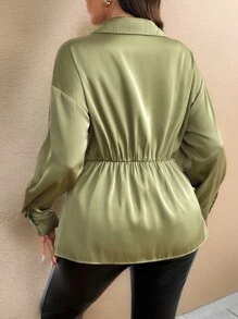 SHEIN Unity Plus Size Solid Satin Asymmetrical Twist Detail Blouse - Green - View 2