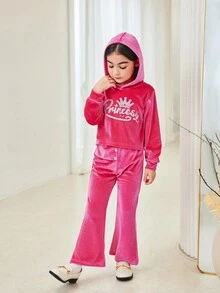 SHEIN Conjunto de top con capucha de terciopelo y pantalones acampanados para niñas, color magenta, casual, de moda, apropiado para uso diario - Rosa Fucsia - Ver 4
