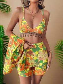 Travachic 3pcs Set: Floral Print Long Sleeve Jacket, Spaghetti Strap Camisole Top And Shorts, Casual Vacation Wear