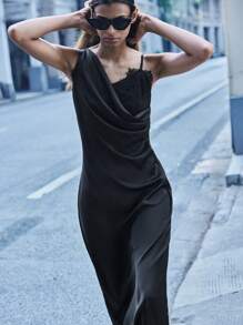 Maija Women Black Lace Patchwork Solid Color Draped Asymmetric Neck Sleeveless Elegant Dress