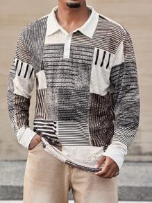 Manfinity Homme Camisa polo de manga larga con bloques de color y rayas de moda para hombres de talla grande, urbana para otoño