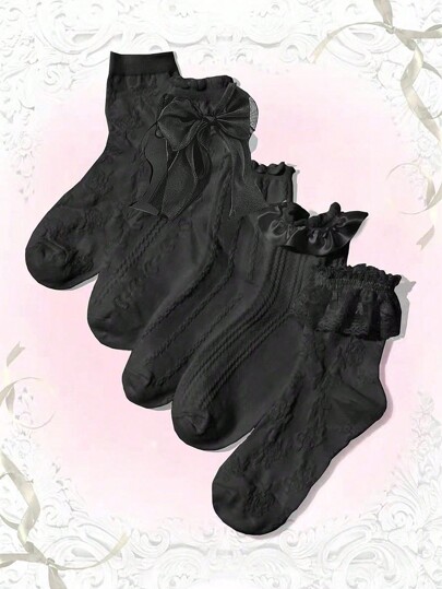 Random 3pairs Women Solid Bow Decor Frill Crew Socks