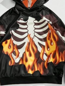 ROMWE MEN Street Life 男士骷髅与火焰印花休闲连帽运动衫 - 彩色 - 查看 3