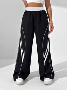 StreetHx Women's Casual Elastic Waist Contrast Piping Loose Wide Leg Pants