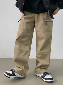 DAZY Pantalones rectos casuales sueltos con diseño de cremallera de unicolor para hombre, otoño