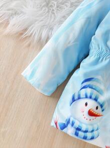 SHEIN 女小童人像圖案毛茸邊連帽外套 - 藍色 - 查看 4